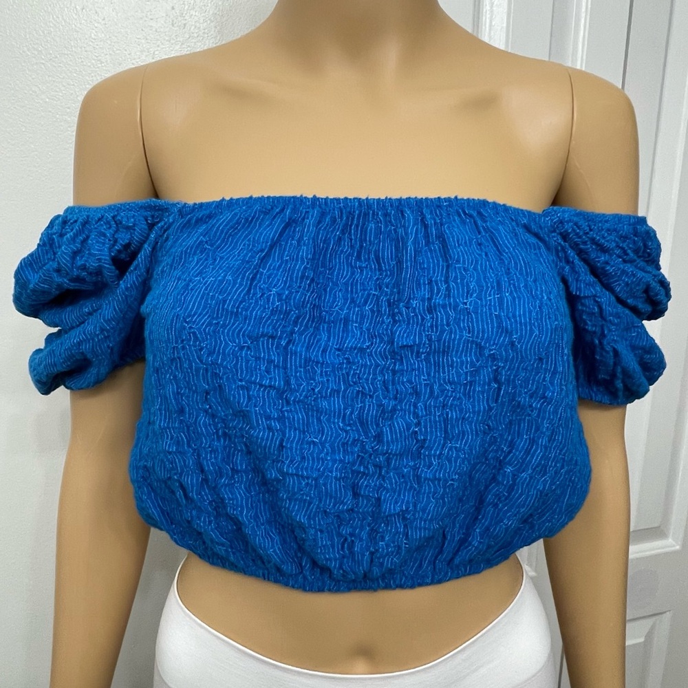 Zara Balloon Puff Sleeve Electric Blue Textured Crop Top Women’s Size S - Picture 4 of 9